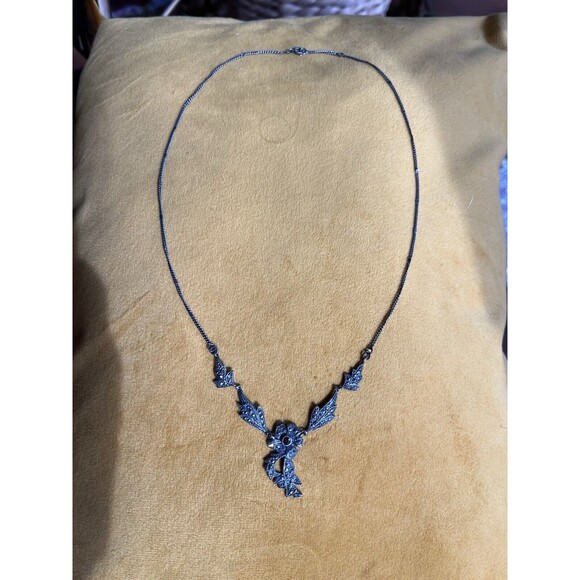 Sterling Silver Marcasite Garnet Flower Dangle Pendant Necklace 18.5” 9 Gram 925 - Picture 5 of 9